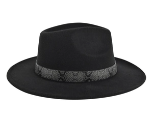 Detail of the black wool fedora featuring a snake pattern hatband with cross motifs