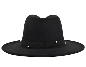 Detail of a black wool fedora hat featuring elegant white pearl embellishments on a ribbon