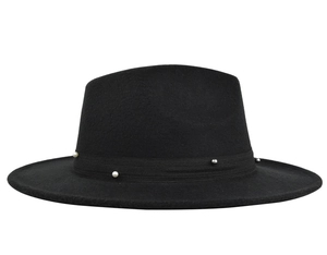 Detail of black wool fedora featuring white pearl and silver metal beads on ribbon