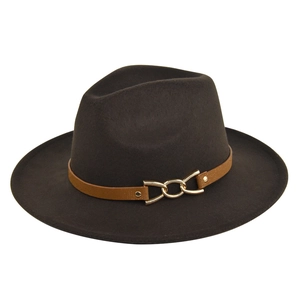 Close-up of wide brim felt Fedora with brown leather band and gold metal buckle