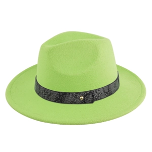 Fluorescent green wool felt fedora with black snake print band and gold buckle detail