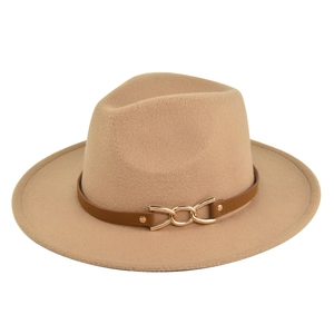 Detail view of khaki wool fedora hat with brown leather band and gold chain buckle