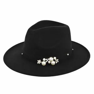 Elegant Vintage Wide Brim Fedora Hat For Women Woolen Felt Jazz Hat With Artificial Pearl Flower Grosgrain Band Party Casual Sun Hat
