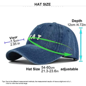 Guide des tailles pour casquette en jean lavé avec détails sur la visière et la visière