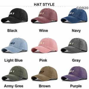 Grid view showing nine colors of washed denim baseball caps with EAT embroidery details