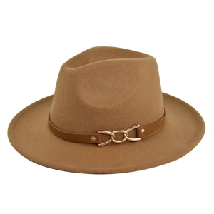 British retro camel wool fedora hat with brown leather strap and gold chain buckle accent