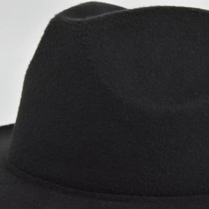 Macro shot of fine wool texture and meticulous stitching on black fedora brim
