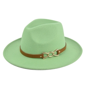 Close-up of wide brim wool fedora hat with brown leather band and golden chain link detail