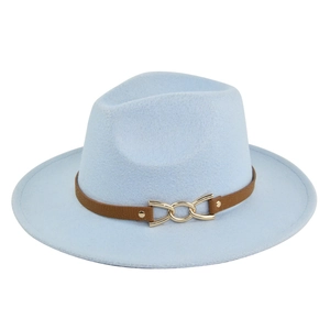 Close-up of light blue wide brim felt hat with brown leather band and gold metal buckle