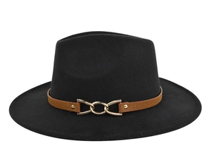 Classic British black wide brim fedora hat with brown faux leather band and gold buckle
