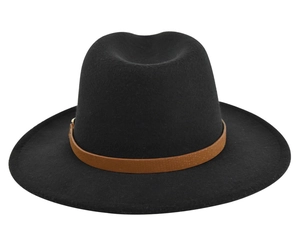 Close-up of black felt fedora hat featuring a textured brown leather decorative band