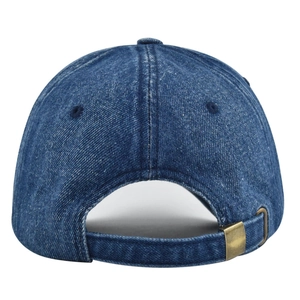 Detail view of the vintage washed denim baseball cap with adjustable bronze metal buckle