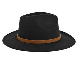 Close-up of black wool felt fedora with a textured brown band on a white background