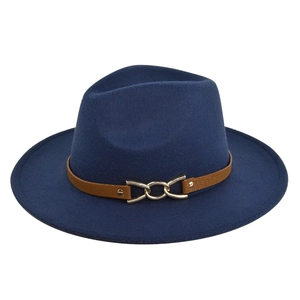 Classic navy blue wool fedora hat with a brown leather band and gold chain buckle