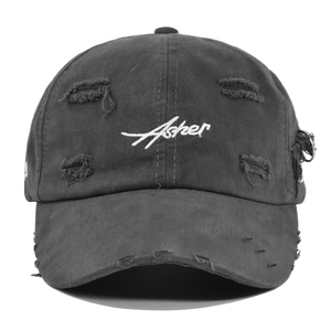Vintage distressed black cotton baseball cap featuring Asher embroidery and metal ring