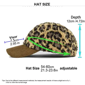 Guide des tailles montrant le tour de tête réglable 54-60cm de la casquette léopard