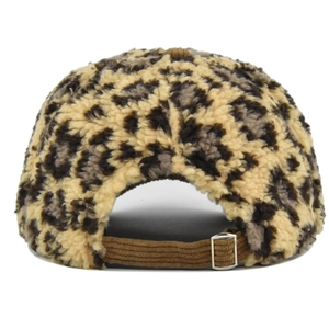 Close-up of leopard print faux shearling baseball cap with adjustable strap back view