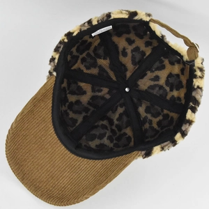 Internal view of plush leopard baseball cap with corduroy brim and adjustable strap