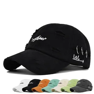 Vintage Distressed Baseball Cap Asher Embroidery Washed Cotton Hat With Metal Rings Streetwear Sun Hat For Men Women