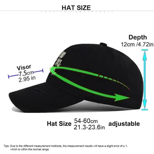 Black baseball cap with cross embroidery and detailed size guide for adjustable fit
