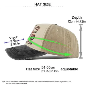 Vintage khaki baseball cap with motorcycle print and detailed size chart measurements