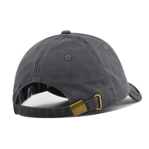 Detail of dark grey baseball cap showing adjustable brass metal buckle and strap on back