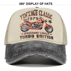 Vintage American style distressed baseball cap with retro motorcycle graphic on white background