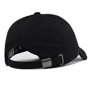 Close-up of black baseball cap back with distressed edge and metal adjustable buckle