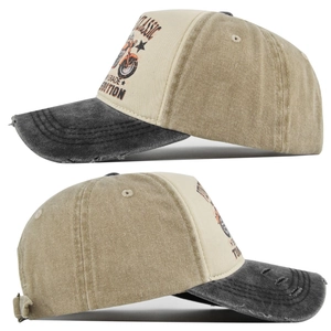 Detail of vintage washed truck hat with classic motorcycle print and distressed brim