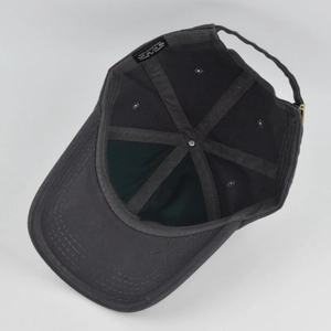 Detailed interior view of charcoal grey cotton baseball cap with reinforced stitching