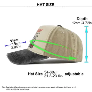 Size chart for vintage baseball cap showing brim width, crown depth and adjustable strap