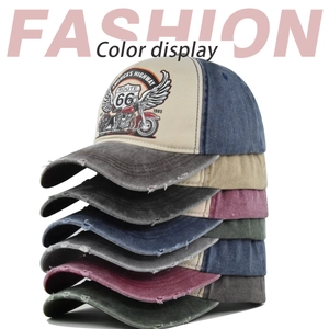 Detail showing the vintage distressed brim and American Route 66 motorcycle prints