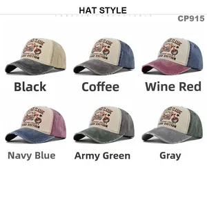 Detailed grid view of distressed vintage baseball caps in six various colors and patterns