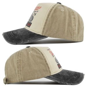 Close-up of vintage baseball cap side view showing distressed brim and racing print