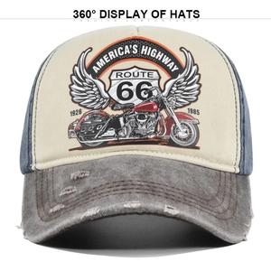 Vintage Route 66 trucker hat with motorcycle print and distressed denim brim