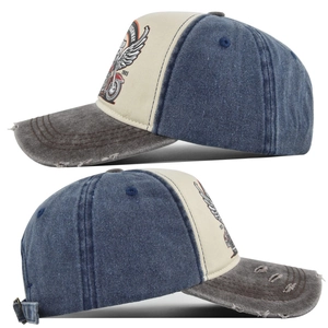 Detail of vintage ROUTE66 baseball cap showing distressed denim texture and embroidery