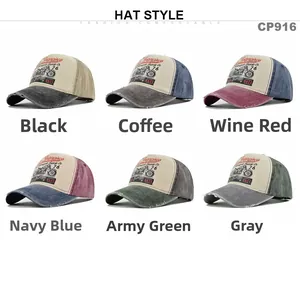 Detail view of vintage baseball caps in six colors showing washed fabric and retro prints