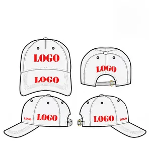 Detailed views of white adjustable mesh baseball cap showing multiple custom logo positions