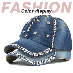Casquette de Baseball en Denim Vieilli avec Crâne en Strass Punk Coton Lavé Hip Hop Chapeau de Soleil Ajustable