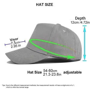 Solid grey 5-panel baseball cap size guide with adjustable strap measurements
