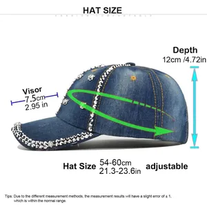 Tableau des tailles casquette denim avec strass crâne et circonférence réglable 54-60cm