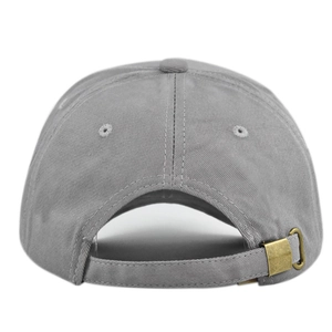 Rear view of grey baseball cap showing adjustable bronze metal buckle and stitching
