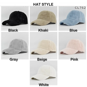 Plush faux fur baseball caps in seven solid colors including khaki, blue, and pink