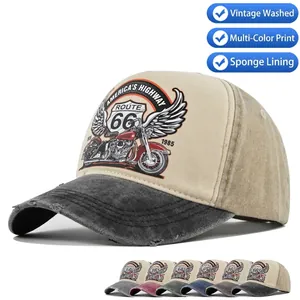 Vintage Route 66 Washed Cotton Baseball Cap Distressed Motorcycle Trucker Hat For Men Women Adjustable Sun Hat
