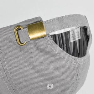 Grey cotton baseball cap featuring adjustable brass metal buckle and premium fabric texture