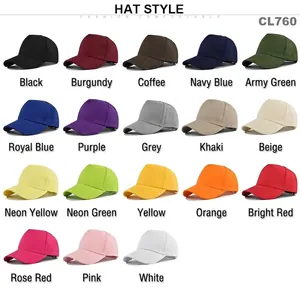 Solid color five-panel baseball caps in 18 various colors displayed in an organized grid
