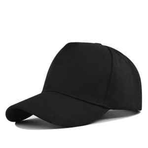 Classic black 5-panel solid color baseball cap with curved brim and cotton twill texture