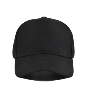 Classic plain black 5-panel cotton baseball cap with adjustable strap and curved brim