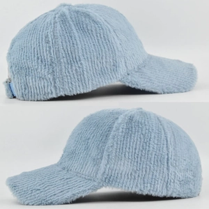 Detailed views of light blue faux fur baseball cap featuring a ribbed texture design