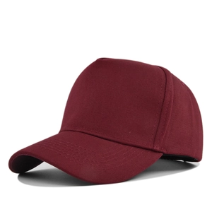 Detail view of burgundy 5-panel cotton baseball cap with structured crown and curved brim